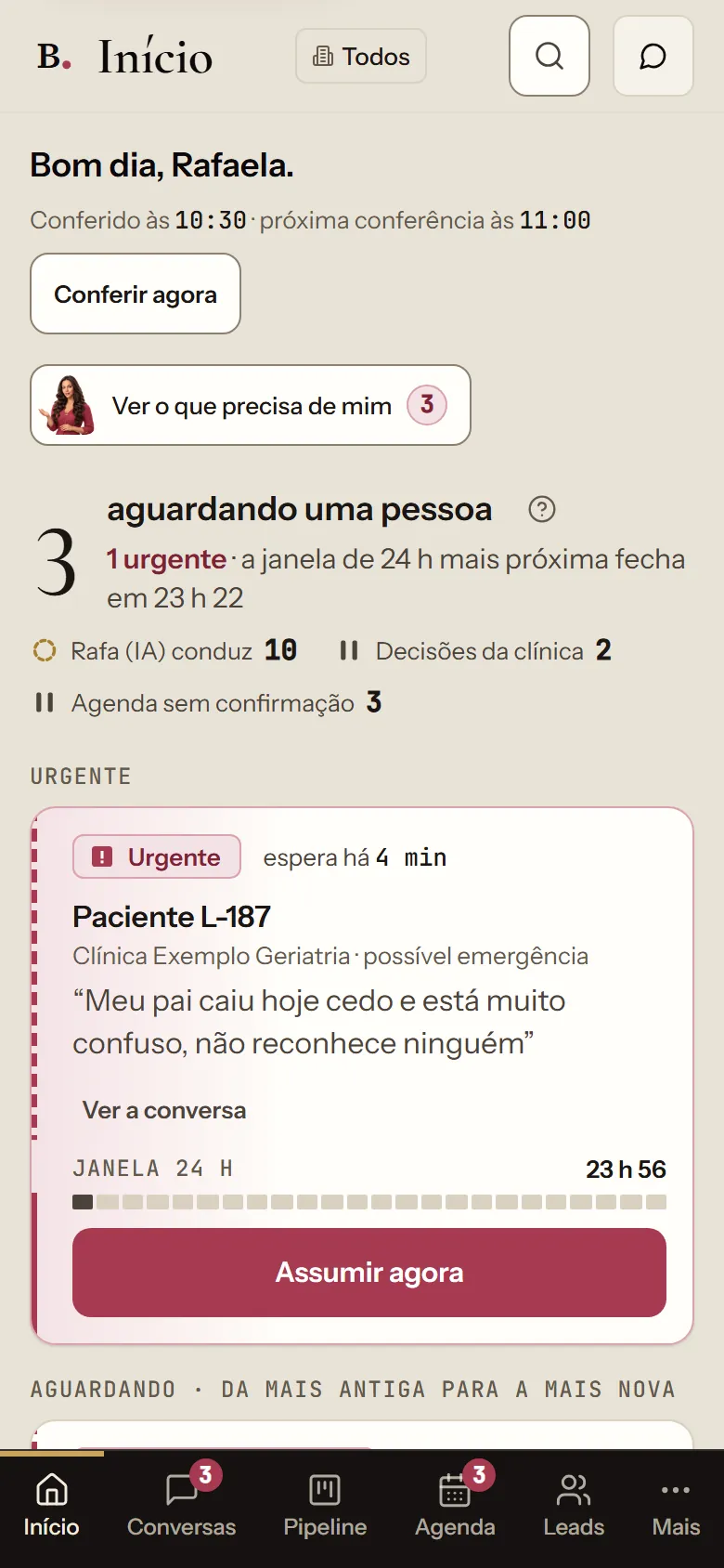 Cockpit Bessa no celular, visão da equipe Bessa, tela Início — dados fictícios de demonstração